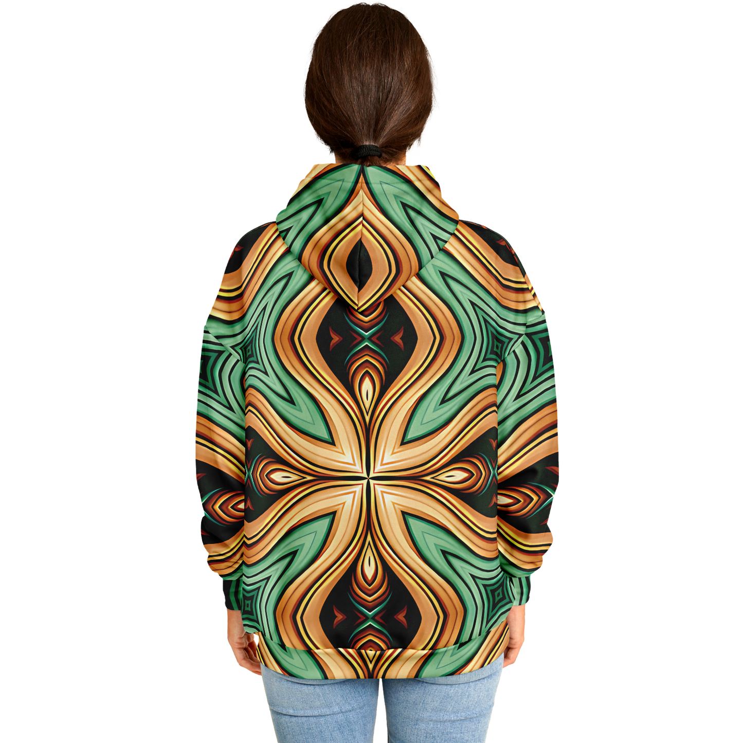 Women's Green & Gold Retro Kaleidoscope Pattern Heavyweight Oversized Hoodie