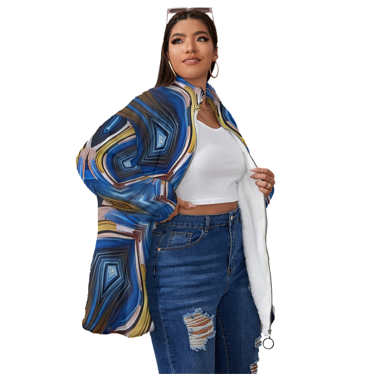 Women's Abstract Blue Pattern Unisex Borg Fleece Stand-up Collar Coat With Zipper Closure(Plus Size)