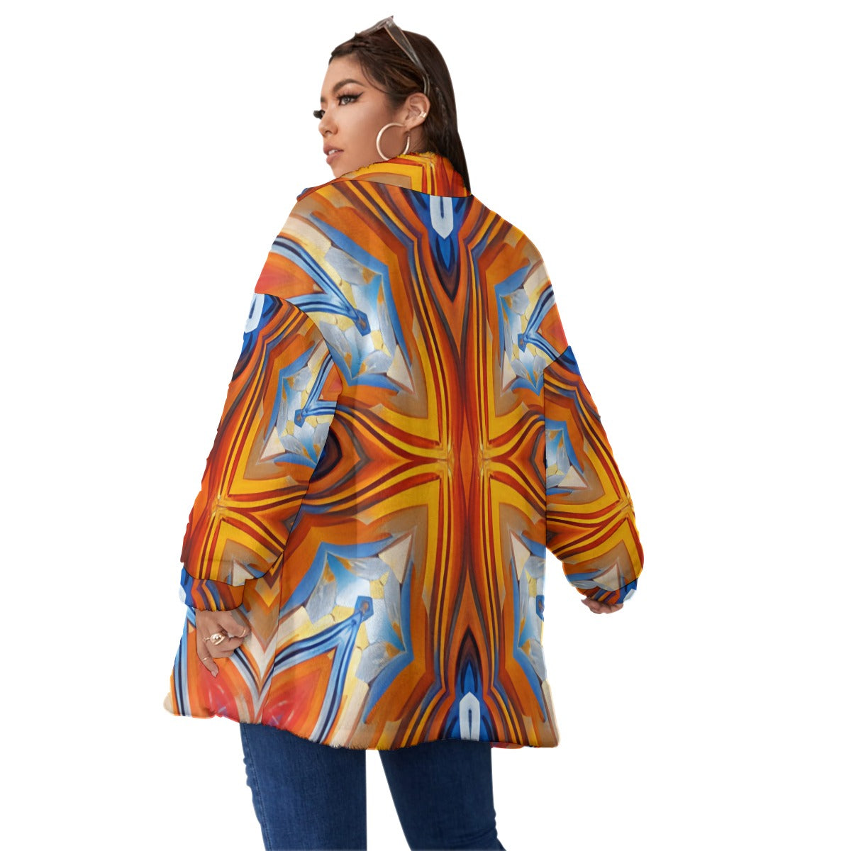 Women's Abstract Flame Unisex Borg Fleece Stand-up Collar Coat With Zipper Closure(Plus Size)