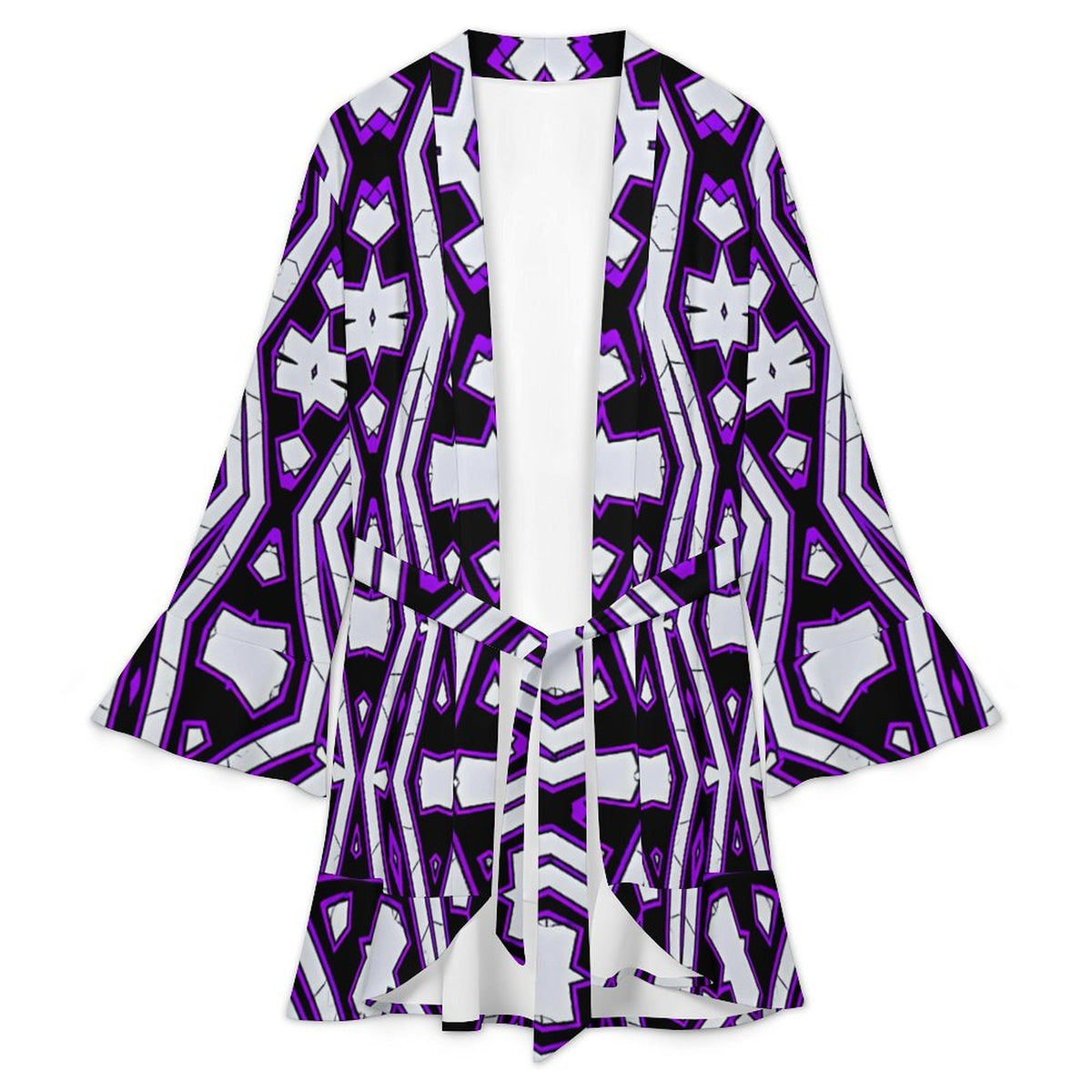 Women’s Eye-Catching Black, White And Purple Geometric Pattern Design All Over Print Ruffle Long Sleeve Robe