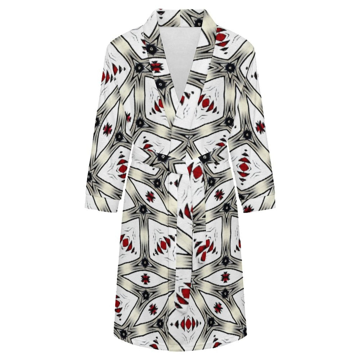 Men's Red & Gray Mosaic Pattern Design All-Over Print Flannel Adult Lounge Robe