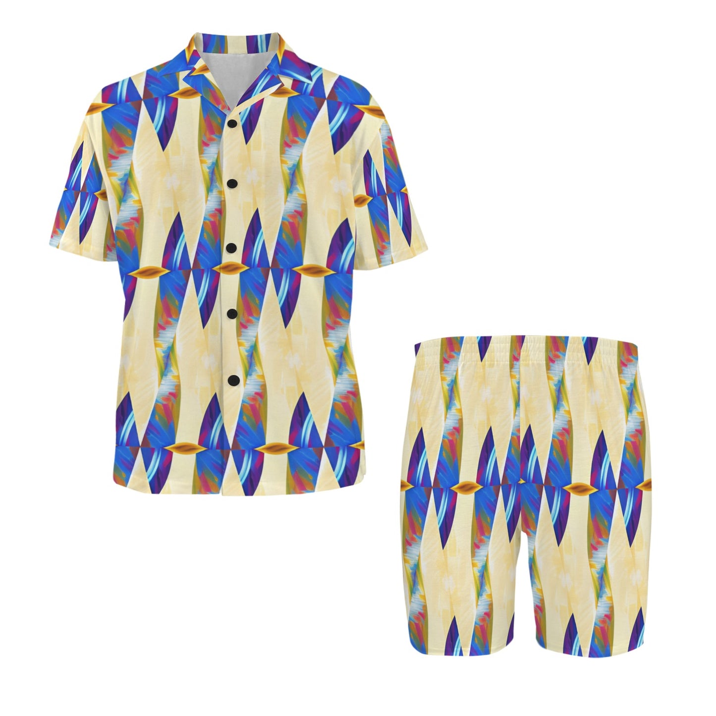 Men's Abstract Blue Wave Pattern All Over Print V-Neck Short Pajama Set
