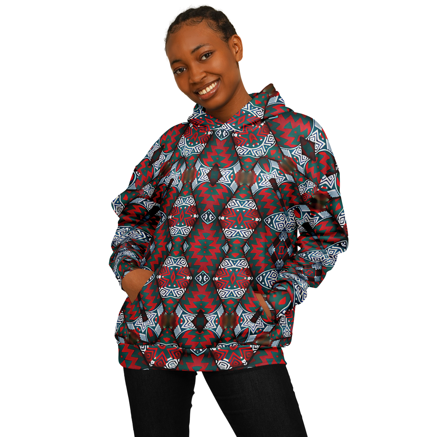 Women's Red & Teal Geometric Pattern Heavyweight Oversized Hoodie