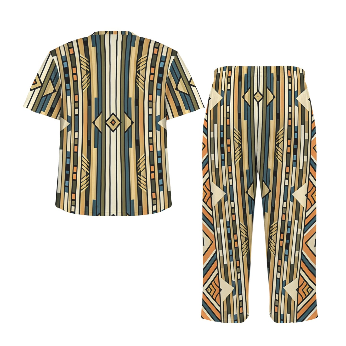 Men's Retro Geometric Tribal Pattern All-Over Print Crew Neck Pajama Set