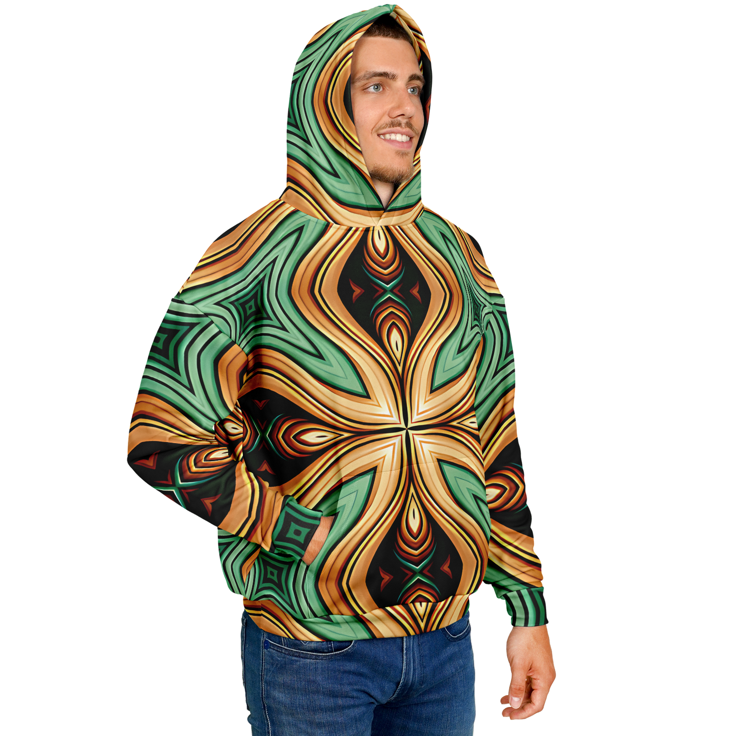 Men's Green & Gold Retro Kaleidoscope Pattern Heavyweight Oversized Hoodie