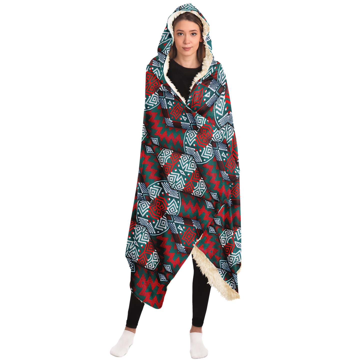 Women's Red, Green & Teal Tribal Geometric Pattern All-Over Print Hooded Blanket Sherpa