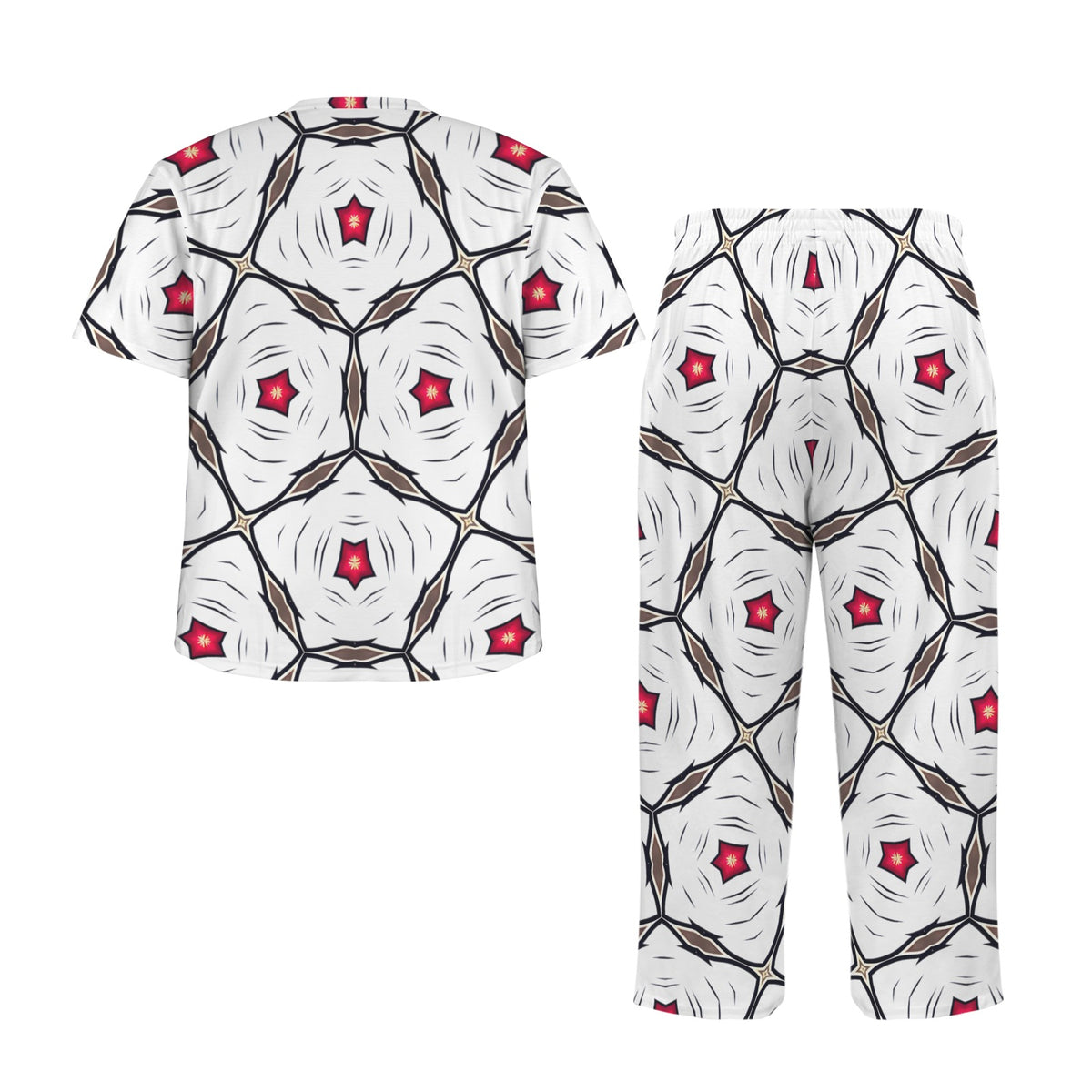 Men's Geometric White Red Patterned Design All-Over Print Men's Crew Neck Pajama Set