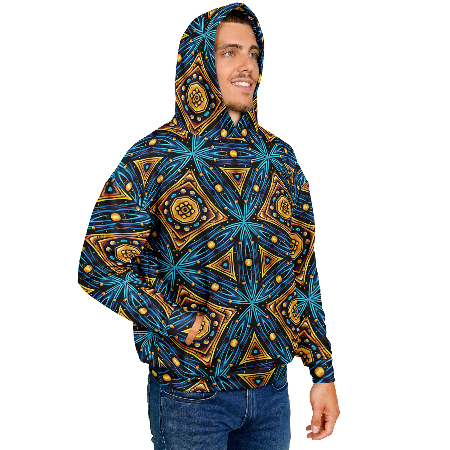 Men's Blue & Gold Geometric Pattern All Over Print Heavyweight Oversized Hoodie