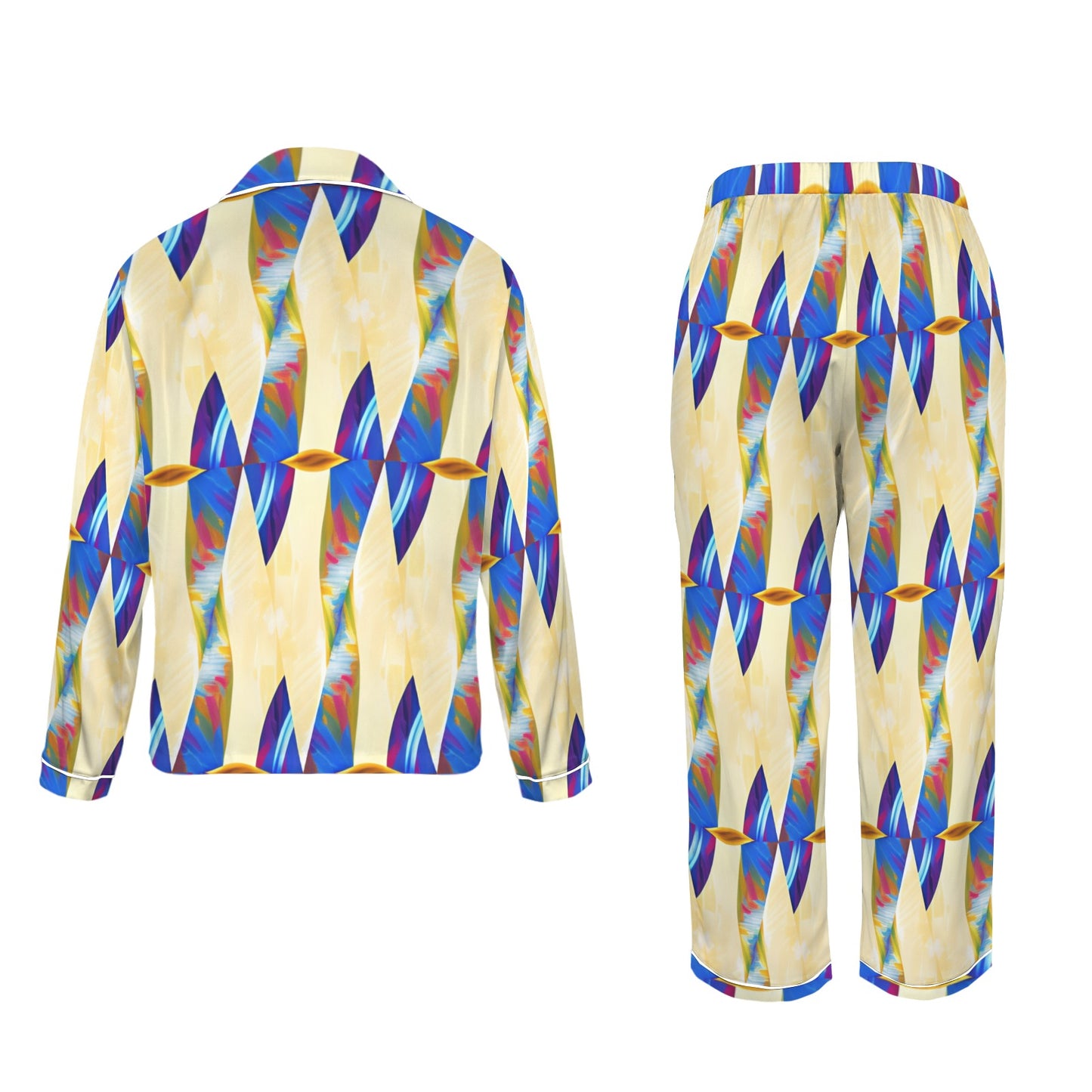 Women's Abstract Blue Wave Pattern All Over Print Long Sleeve Satin Pajama Set