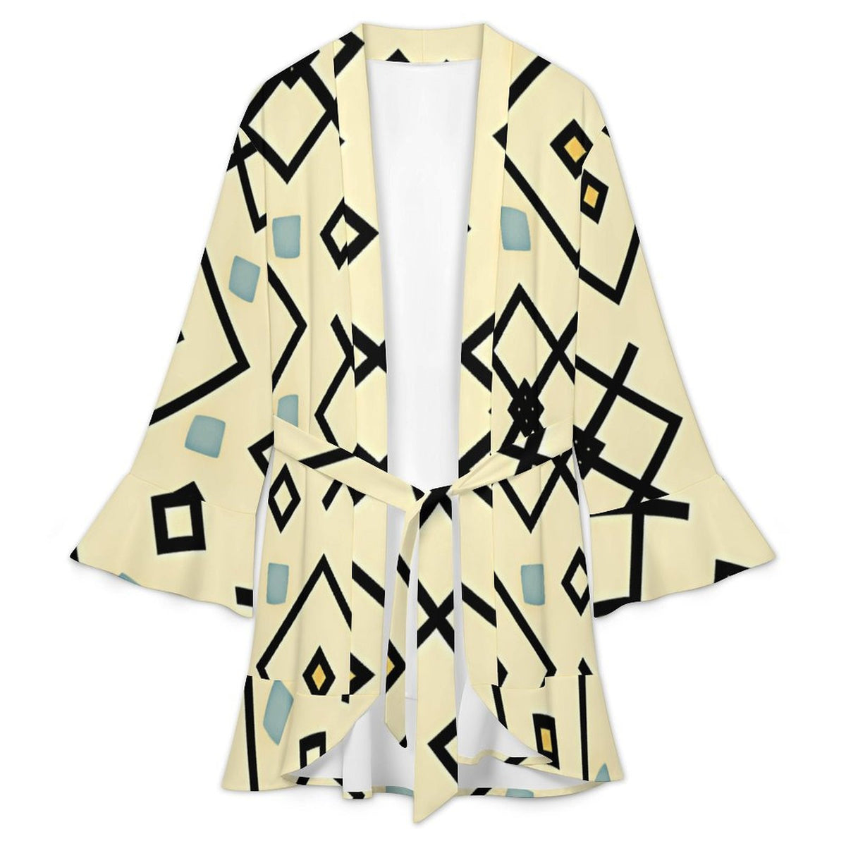 Women's Retro Cream Geometric Diamond Pattern Design All Over Print Ruffle Long Sleeve Robe