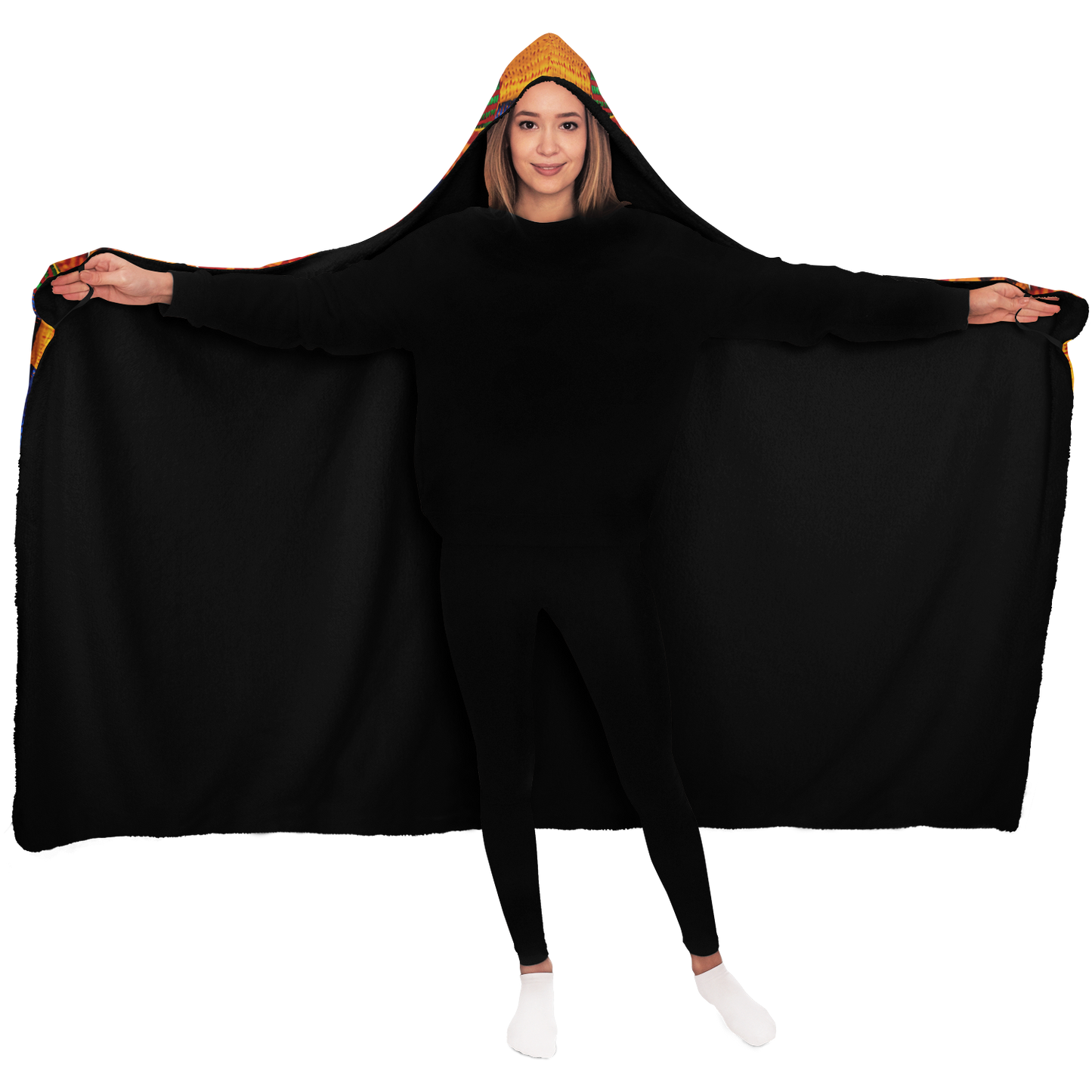 Women's Vibrant Orange & Blue Geometric Pattern Hooded Blanket Micro Fleece