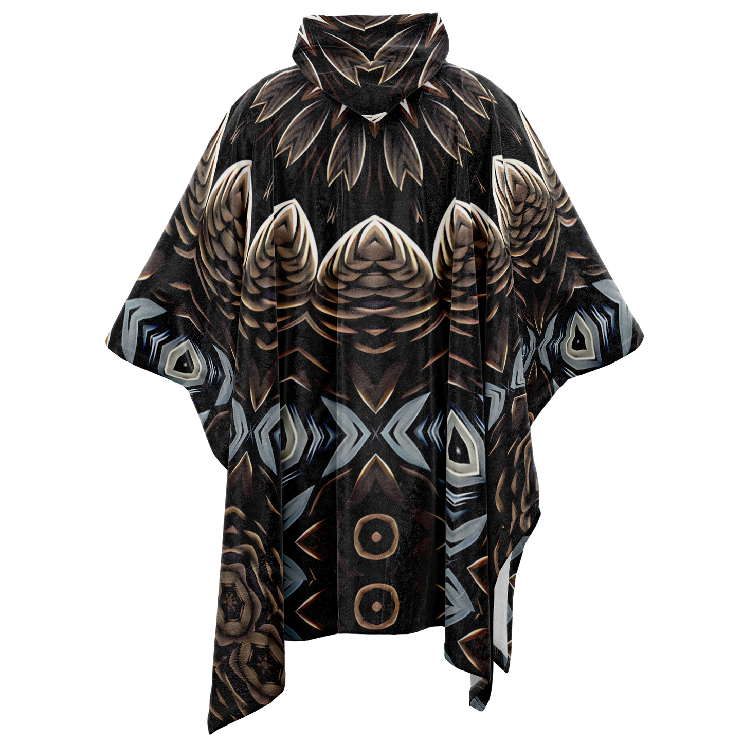 Women's Black & Taupe Kaleidoscope Floral Pattern Flannel Blanket Poncho All Over Print