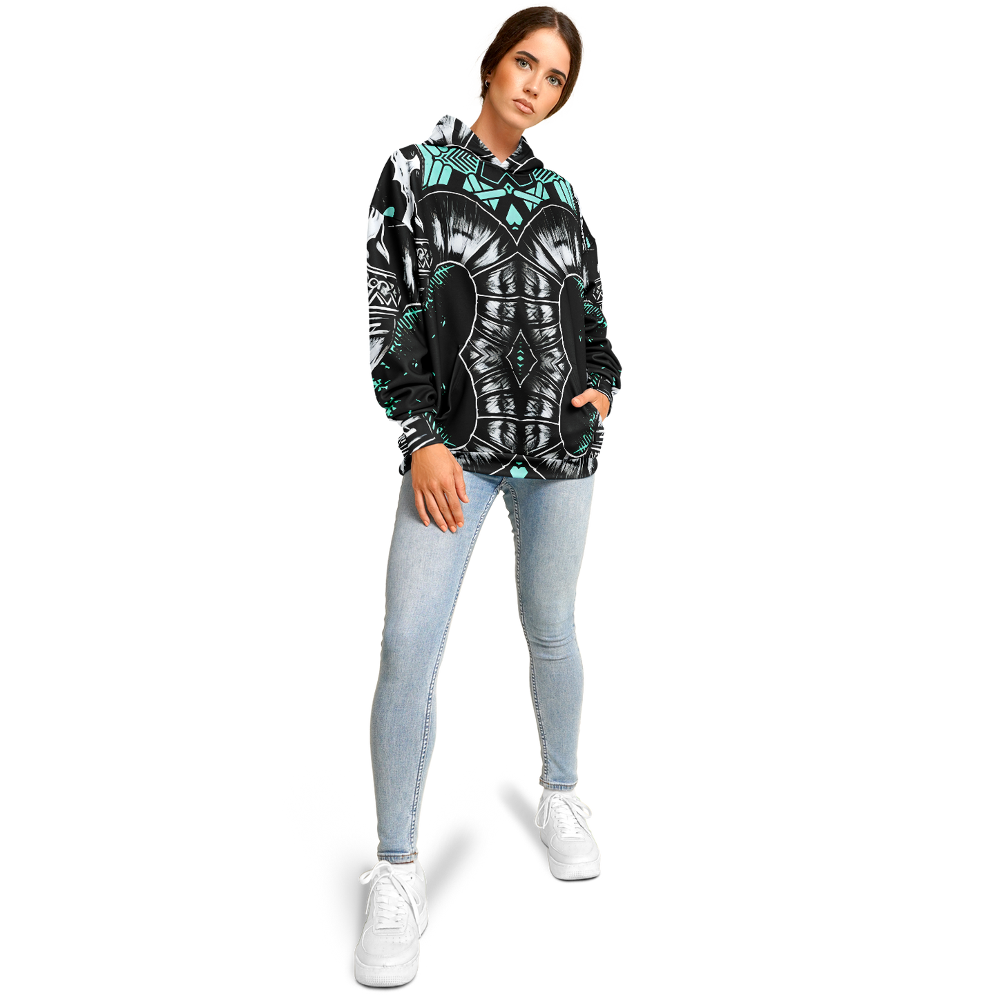 Women's Black White & Green Geo Pattern All Over Print Heavyweight Oversized Hoodie