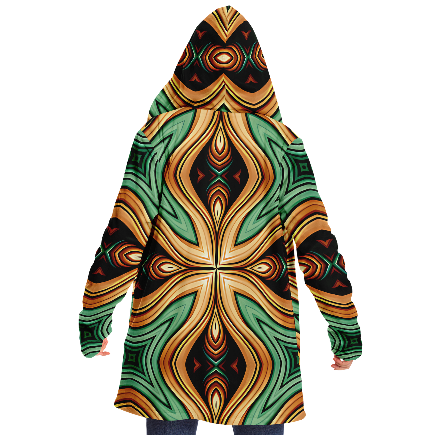 women's Green & Gold Retro Kaleidoscope Pattern Microfleece Cloak