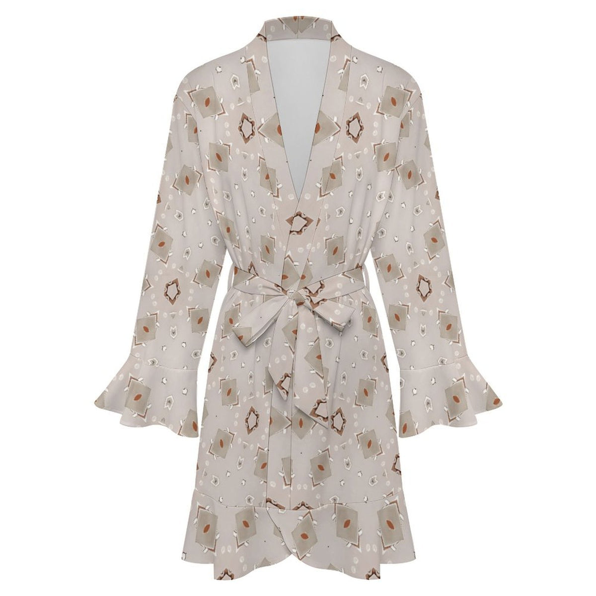 Women's Beige Neutral Geo Pattern Design All-Over Print Ruffle Long Sleeve Robe