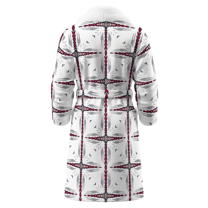 Men's Red & Black Cross Geometric Pattern All-Over Borg Fleece Bathrobe With Polyester Sherpa Fleece