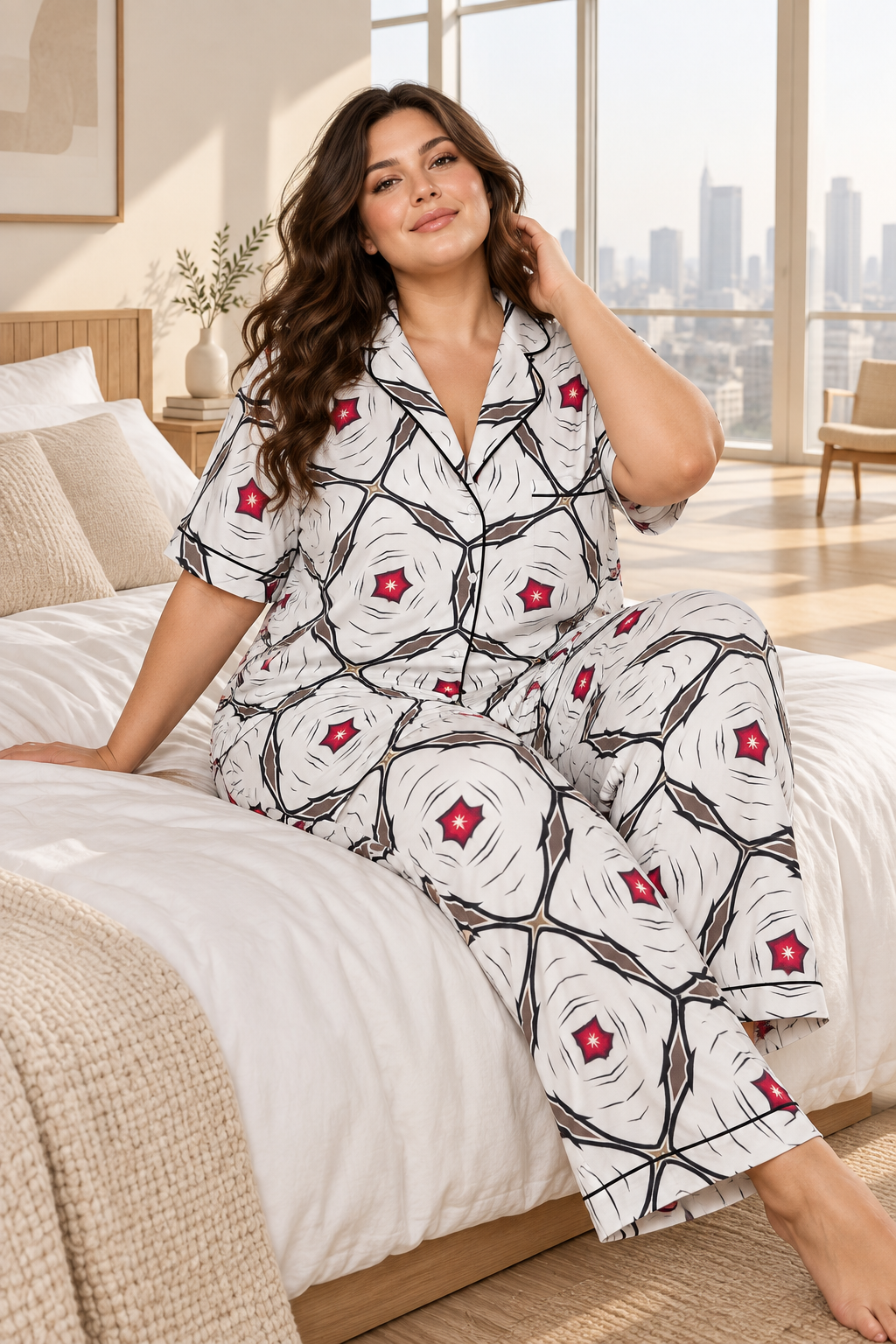 Women's Geometric White Red Patterned Design All-Over Print Trousers Pajamas Set