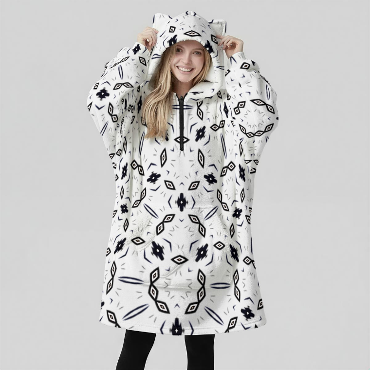 Women's Black & White Geo Pattern Design Fleece Oversized Hoodie Blanket With Decorative Ears