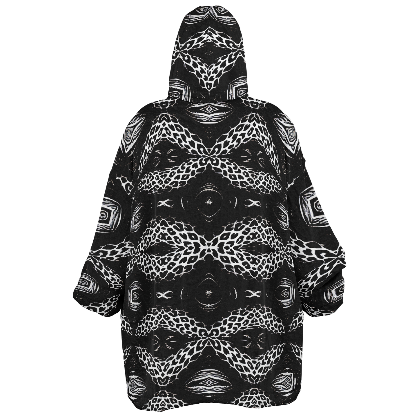 Women's Black & White Kaleidoscope Leopard All Over Print Snug Hoodie Economy
