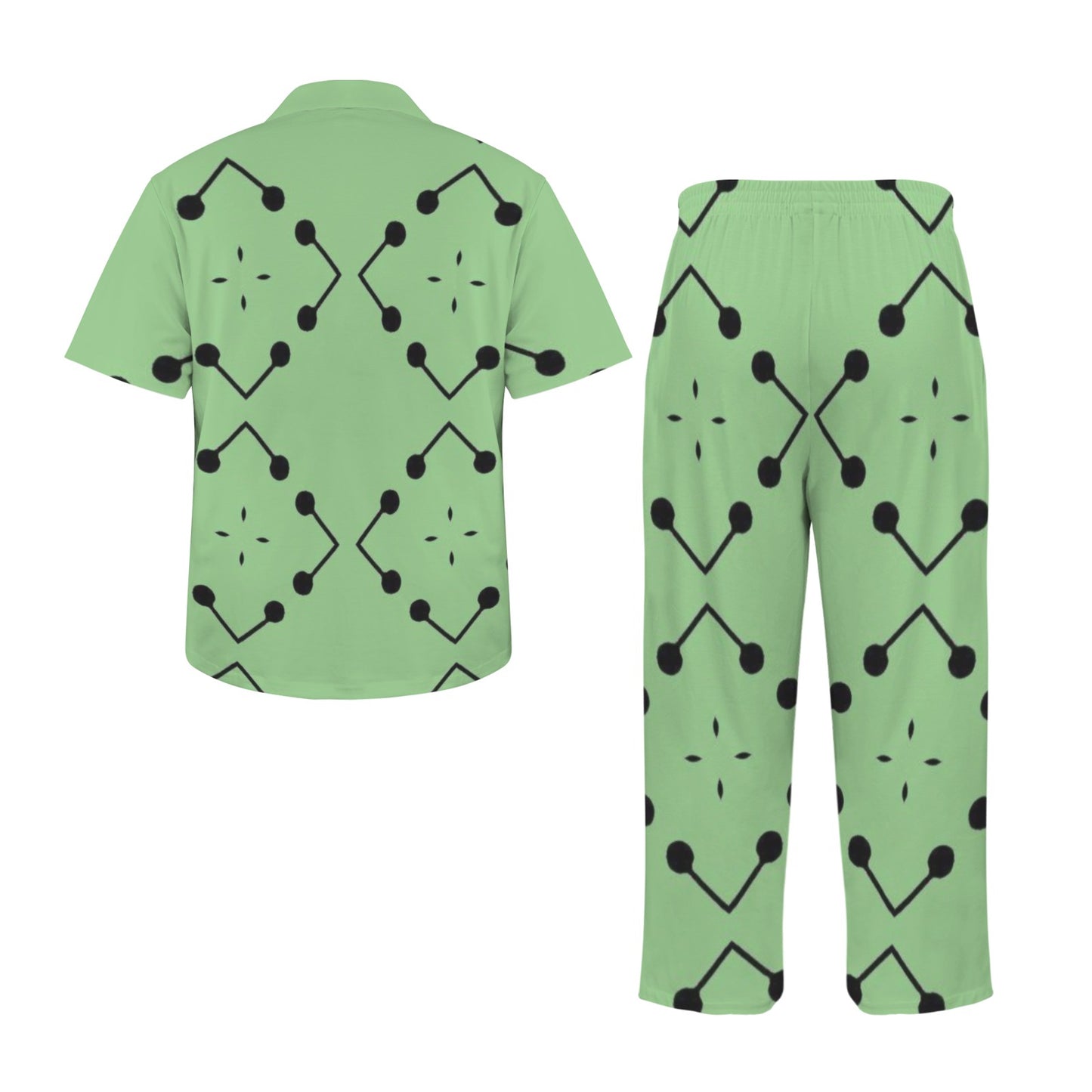 Men's Bold Green Geometric Black Dot-Node Pattern All-Over Print V-Neck Pajama Set