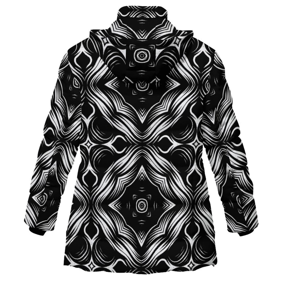 Women's Black & White Geometric Pattern All-Over Print Hooded Puffer Coat