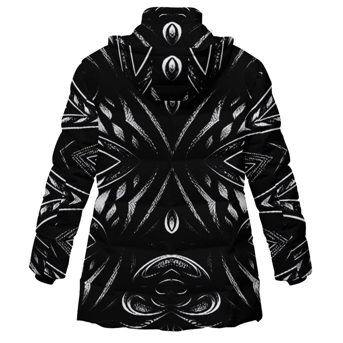 Women's Black & White Geometric Pattern All-Over Print Hooded Puffer Coat