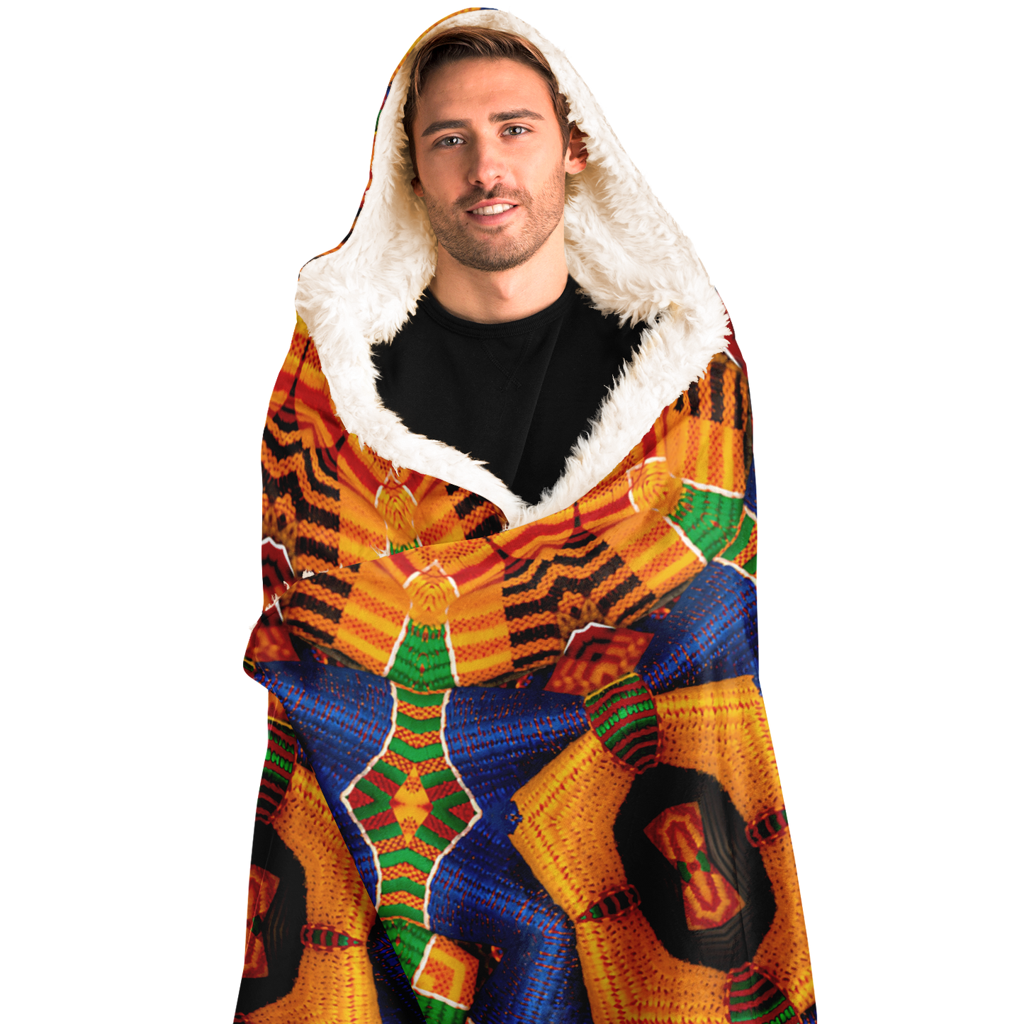 Men's Vibrant Orange & Blue Geometric Pattern Hooded Blanket Sherpa