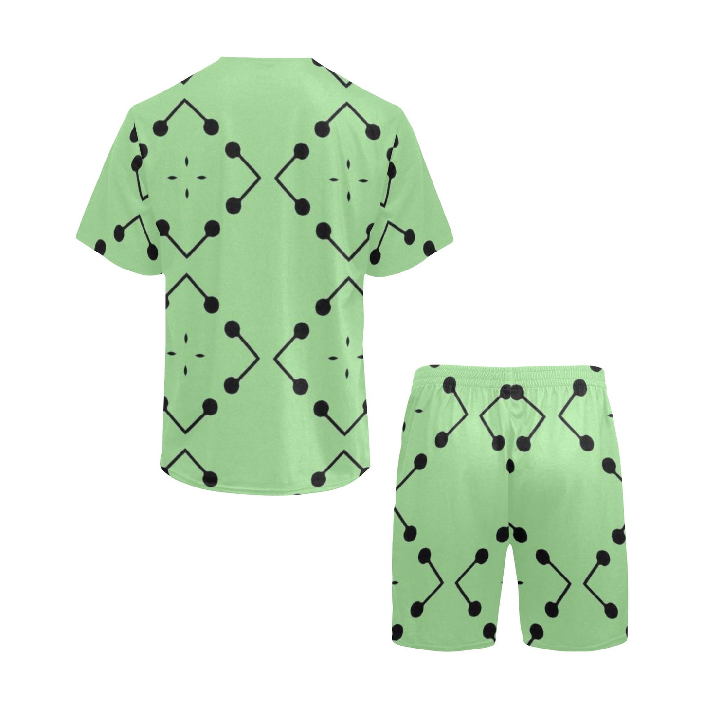 Men's Bold Green Geometric Black Dot-Node Pattern All-Over Print Short Pajama Set