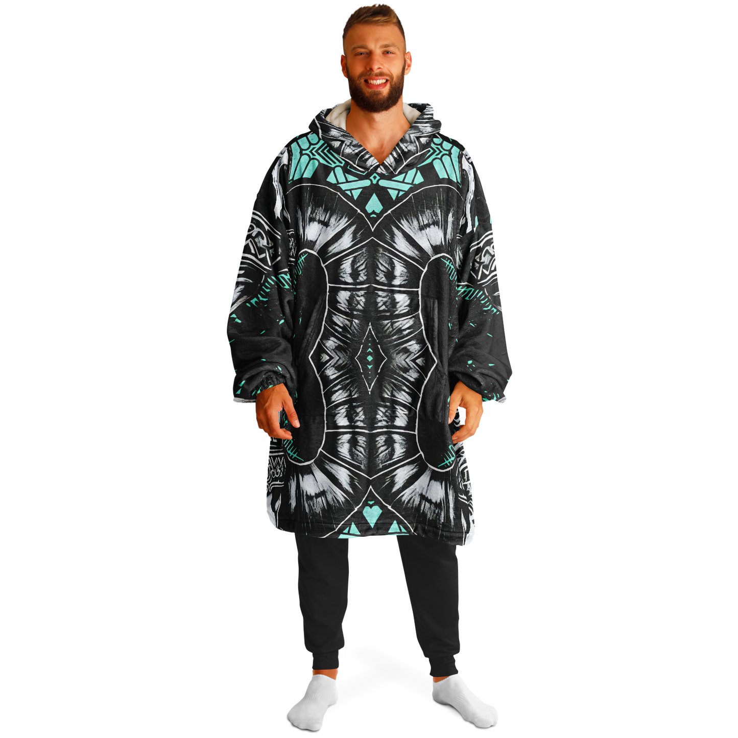 Men's Teal Black White & Green Geometric Pattern All Over Print Snug Hoodie Economy
