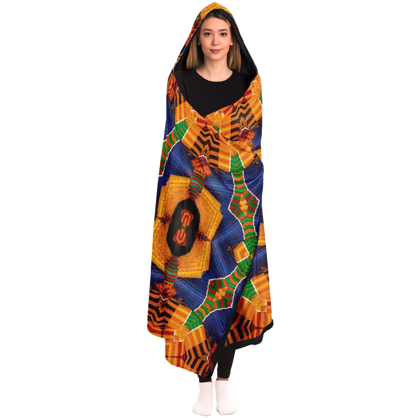 Women's Vibrant Orange & Blue Geometric Pattern Hooded Blanket Micro Fleece