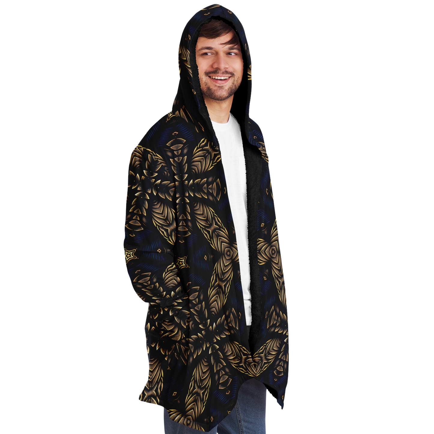 Men's Asymmetrical Gold, Blue & Black Pattern All Over Print Microfleece Cloak