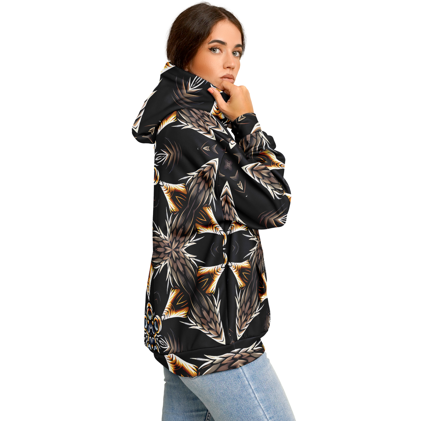 Women's Geometric Black & Gold Kaleidoscope Print Heavyweight Oversized Hoodie