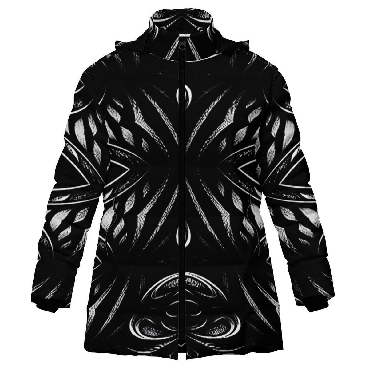 Women's Black & White Geometric Pattern All-Over Print Hooded Puffer Coat