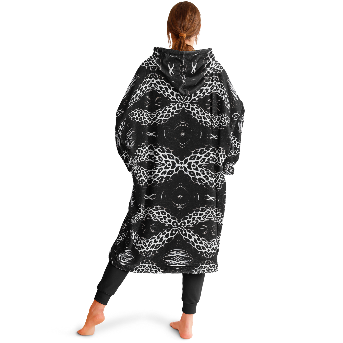 Women's Black & White Kaleidoscope Leopard All Over Print Snug Hoodie Economy