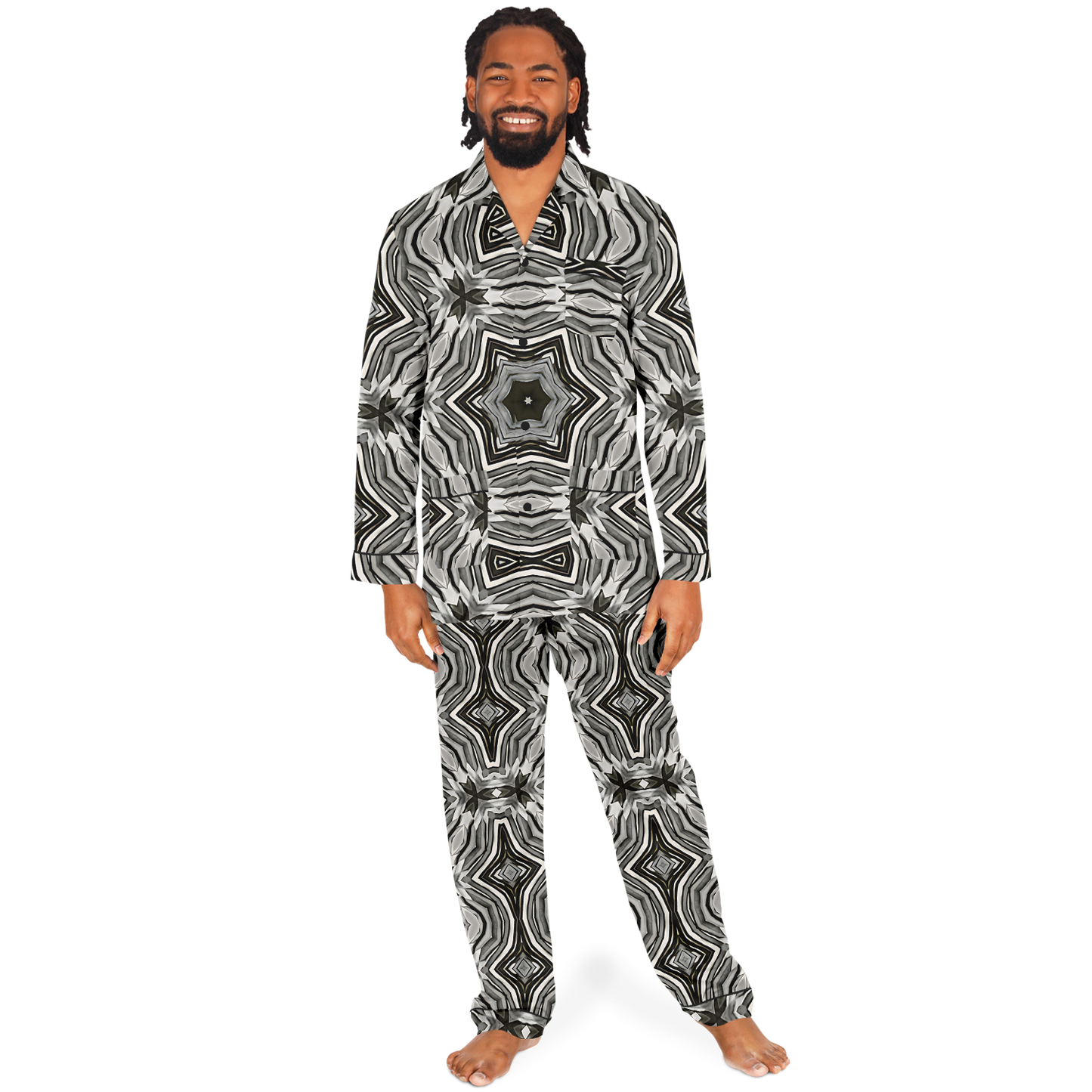 Men's Monochrome Kaleidoscope Pattern Satin Pajamas
