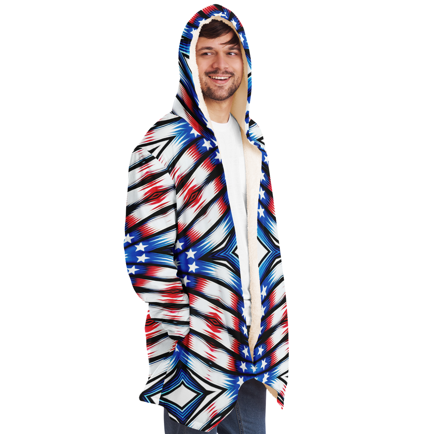 Men's Red White Blue Geometric Pattern All-Over Print All Over Print Microfleece Cloak