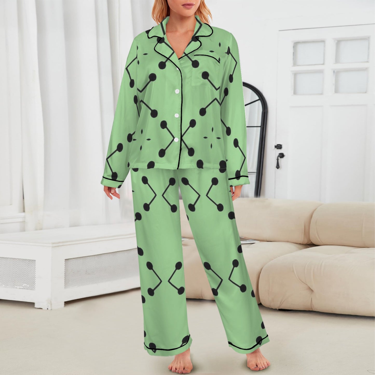 Women's Bold Green Geometric Black Dot-Node Pattern All-Over Print Long Sleeve Satin Pajama Set
