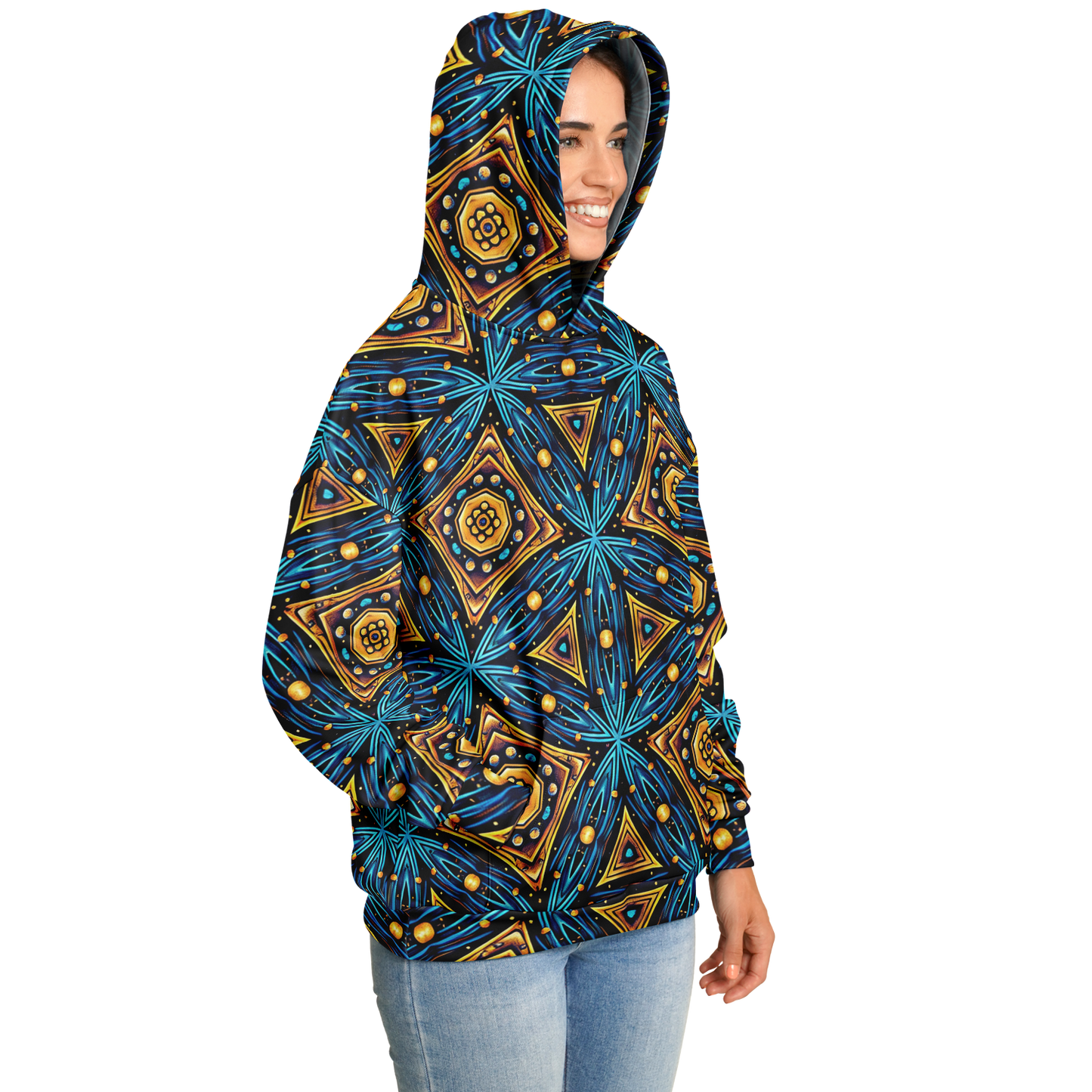 Women's Blue & Gold Geometric Pattern All Over Print Heavyweight Oversized Hoodie