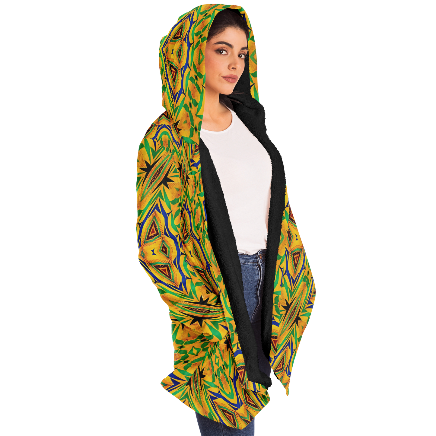 Women's Vibrant Yellow Green Geo Kente Pattern All-Over Print Microfleece Cloak