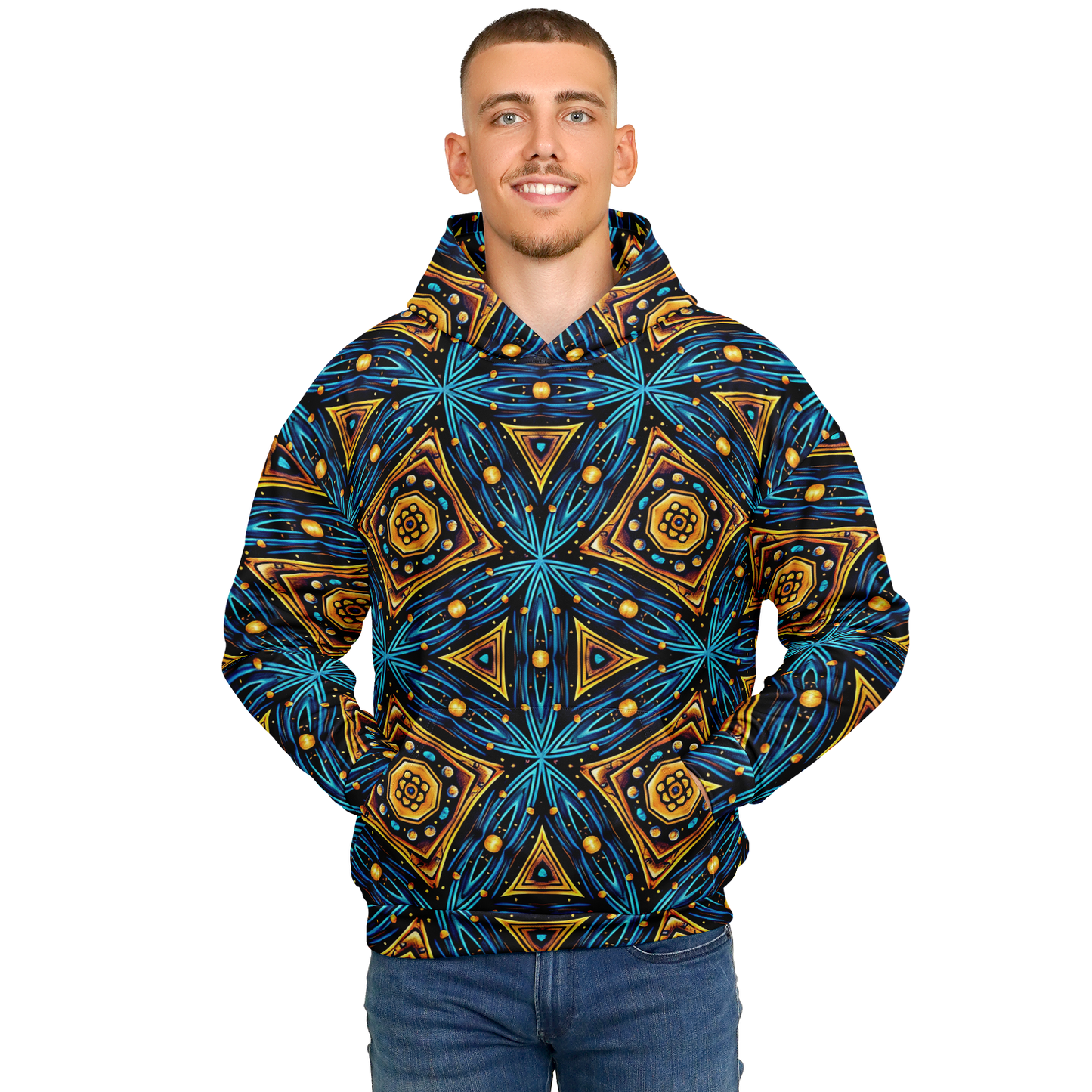 Men's Blue & Gold Geometric Pattern All Over Print Heavyweight Oversized Hoodie