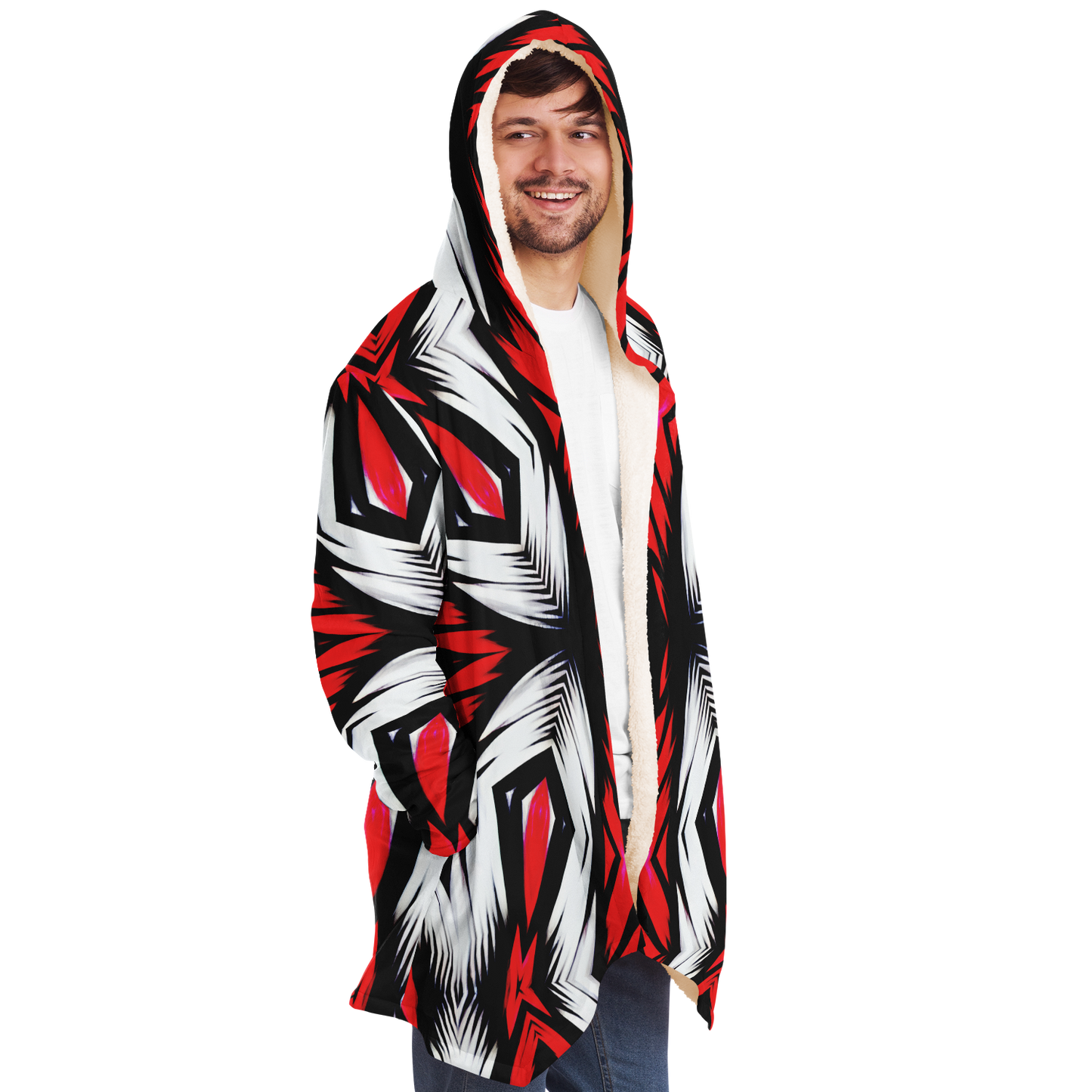 Men's Abstract Red, White & Black Pattern All-Over Print All Over Print Microfleece Cloak