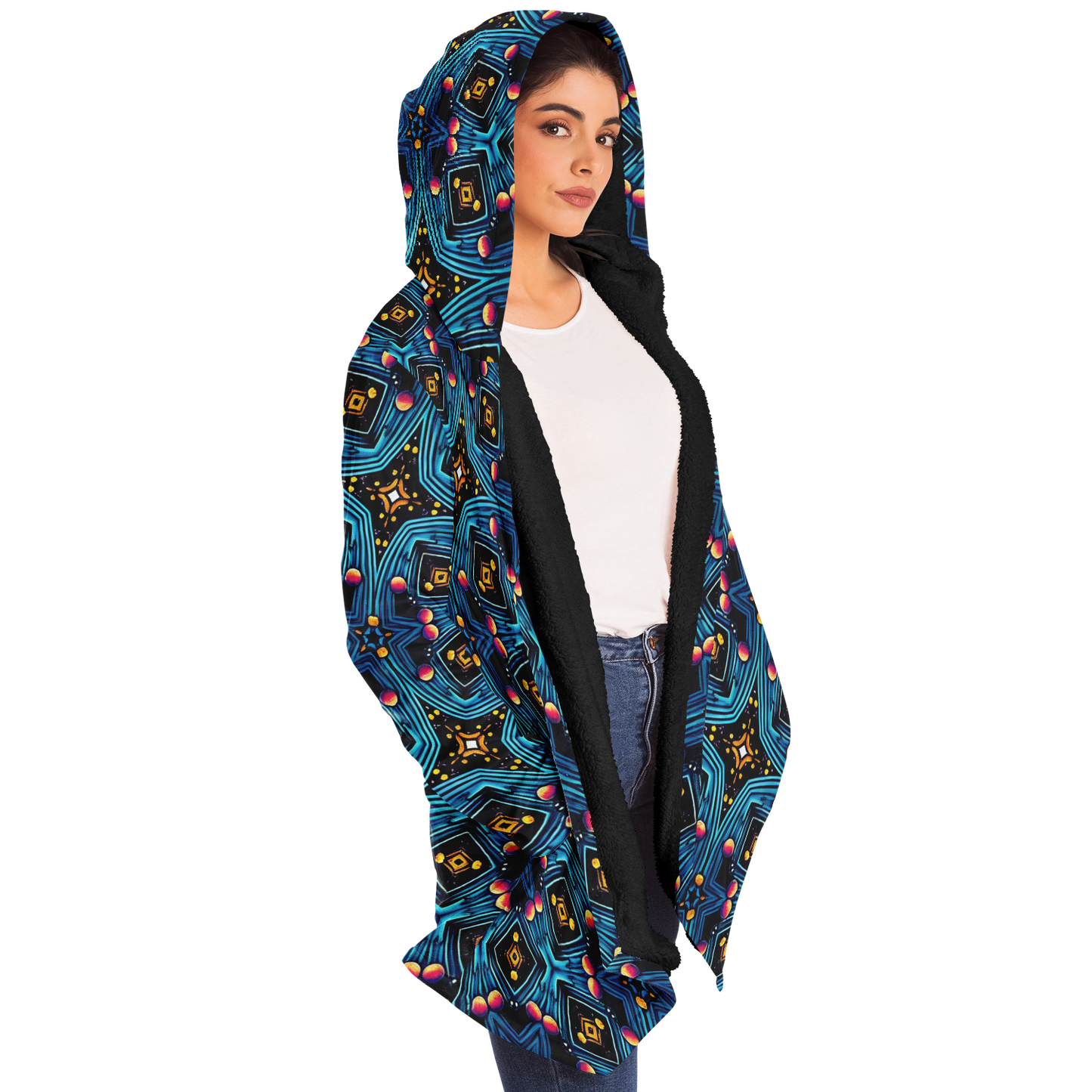 Women's Blue Mosaic Star Pattern All Over Print Microfleece Cloak