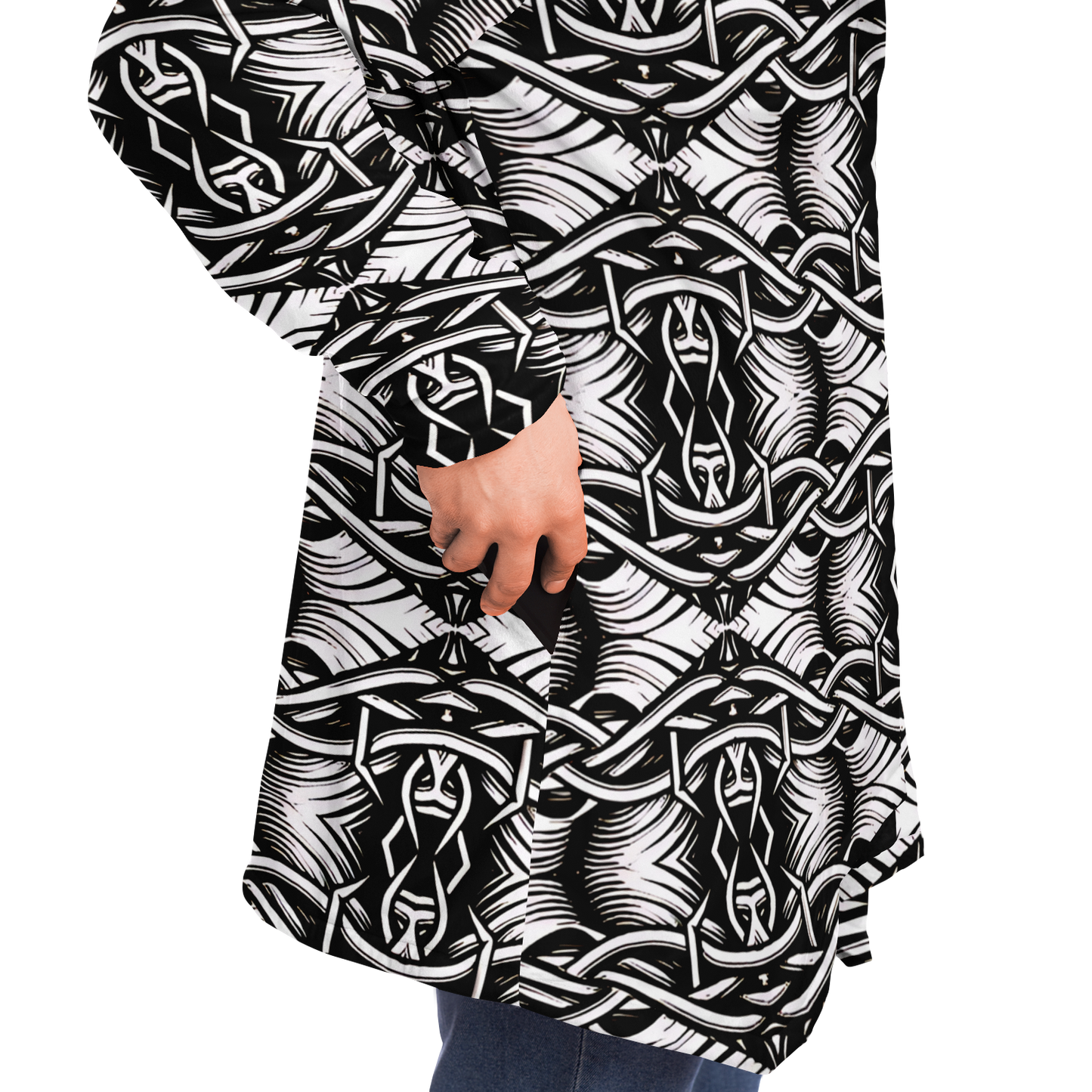 Men’s Black Intricate Silver Chain Tattoo Pattern High Microfleece Cloak