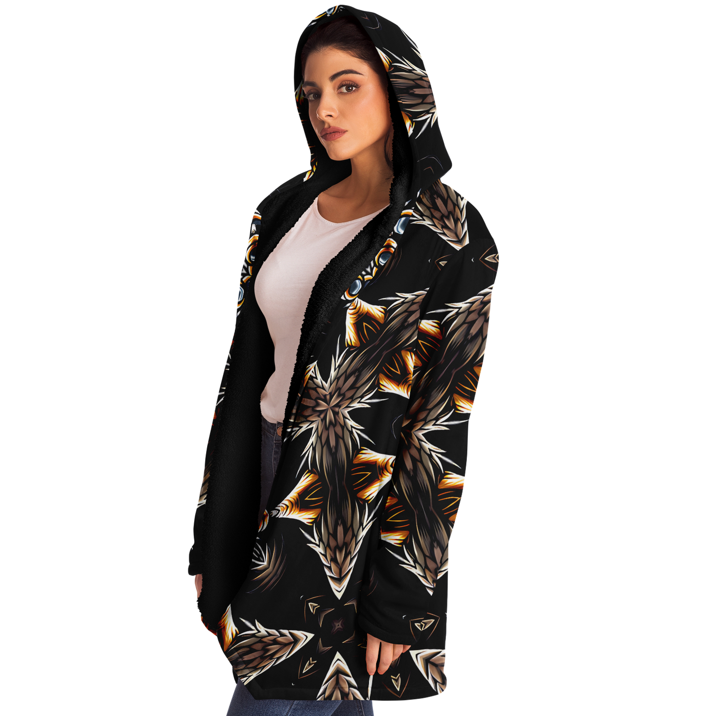 Women's Geometric Black & Gold Kaleidoscope Print Microfleece Cloak