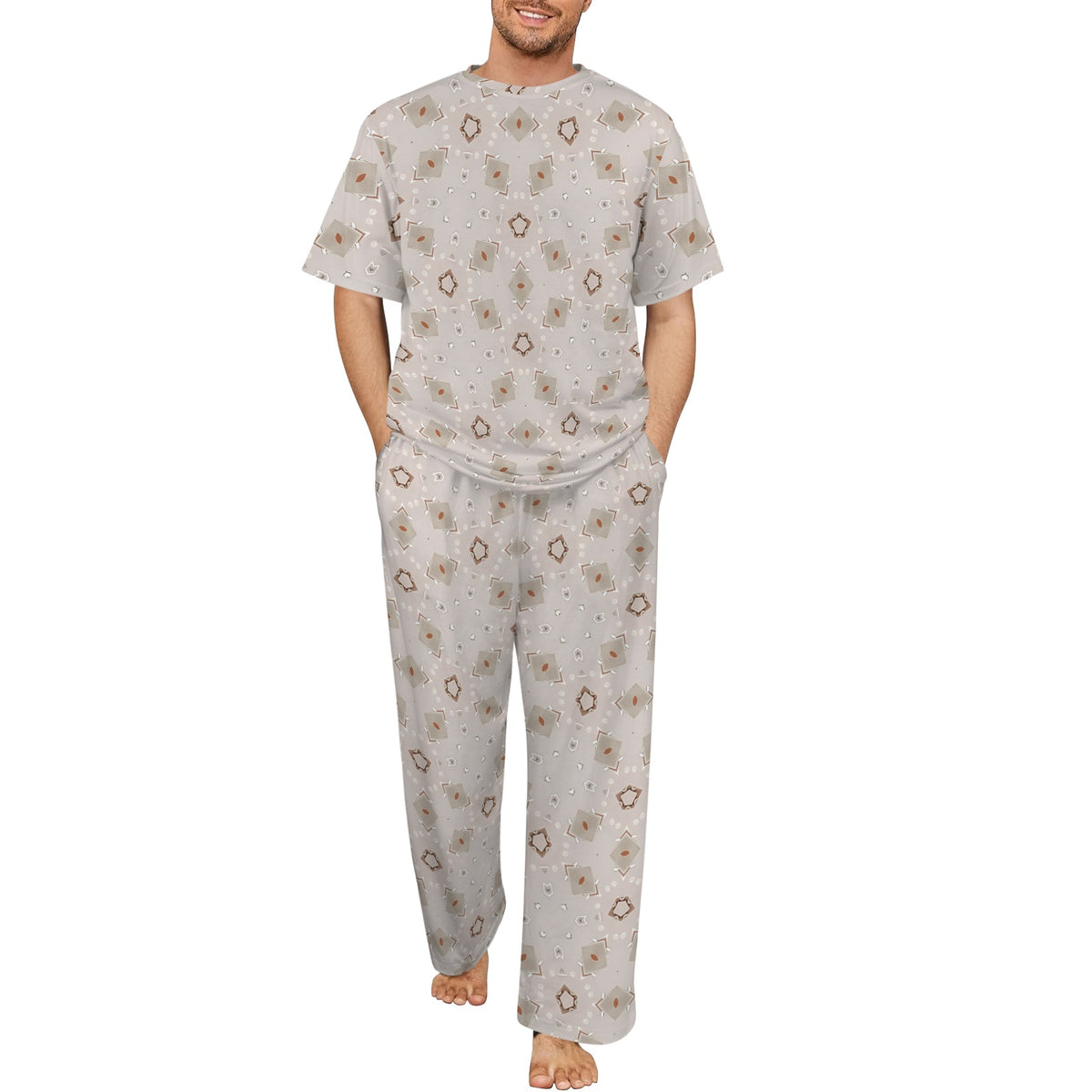 Men's Beige Neutral Geo Pattern Design All-Over Print Men's Crew Neck Pajama Set