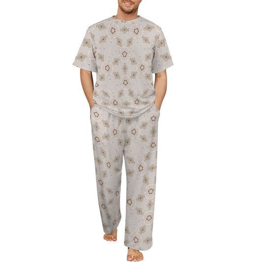 Men's Beige Neutral Geo Pattern Design All-Over Print Men's Crew Neck Pajama Set