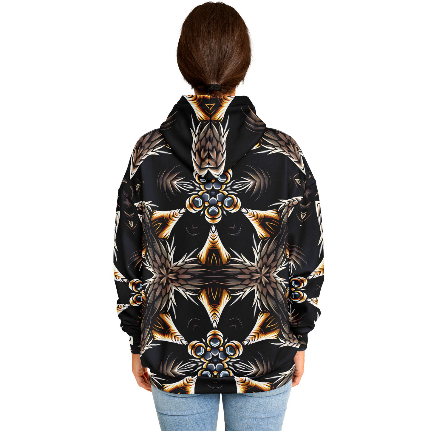 Women's Geometric Black & Gold Kaleidoscope Print Heavyweight Oversized Hoodie