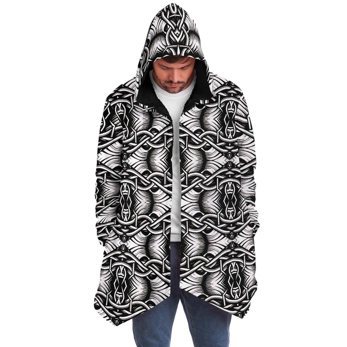 Men’s Black Intricate Silver Chain Tattoo Pattern High Microfleece Cloak