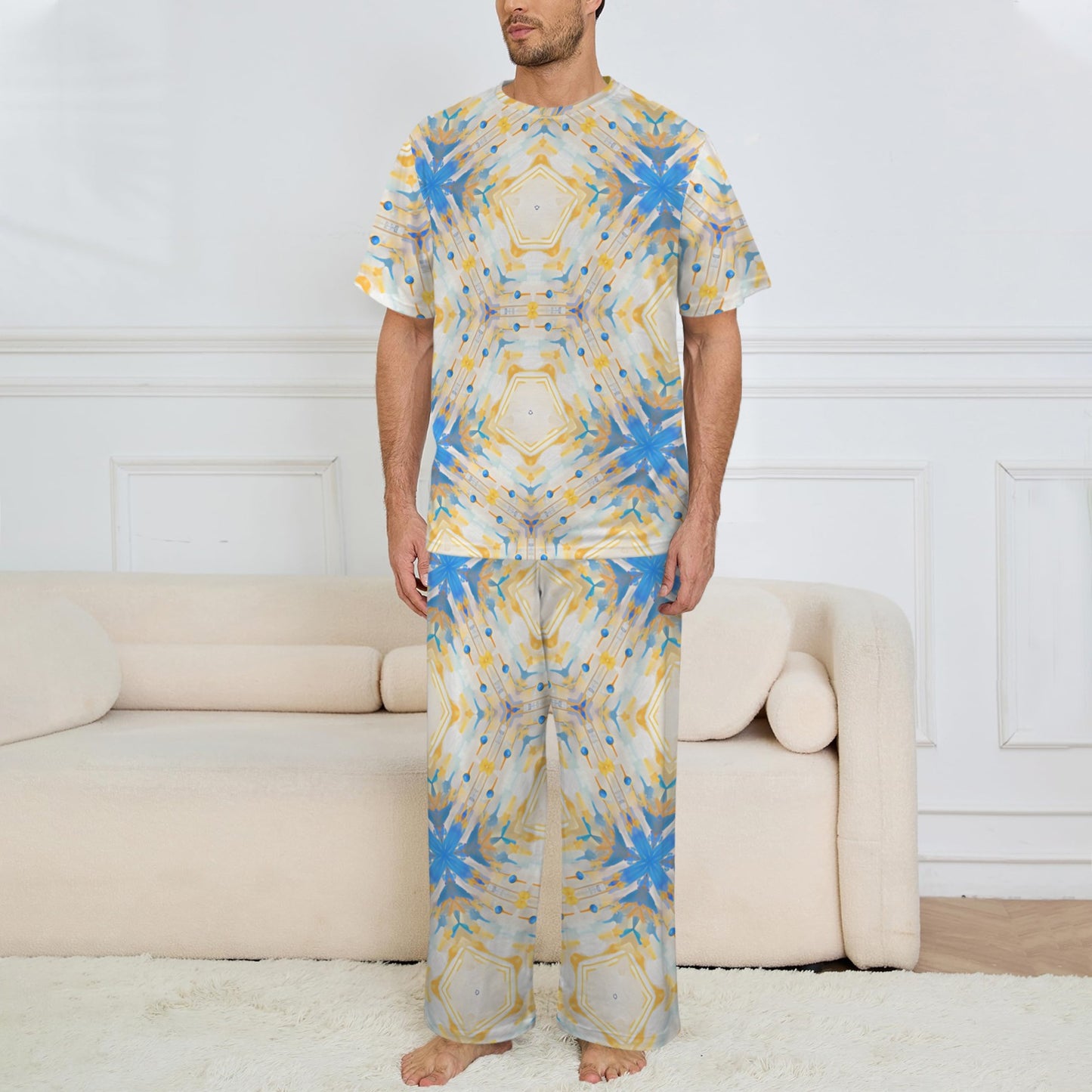 Men's Kaleidoscope Sunburst Pattern All-Over Print Crew Neck Pajama Set