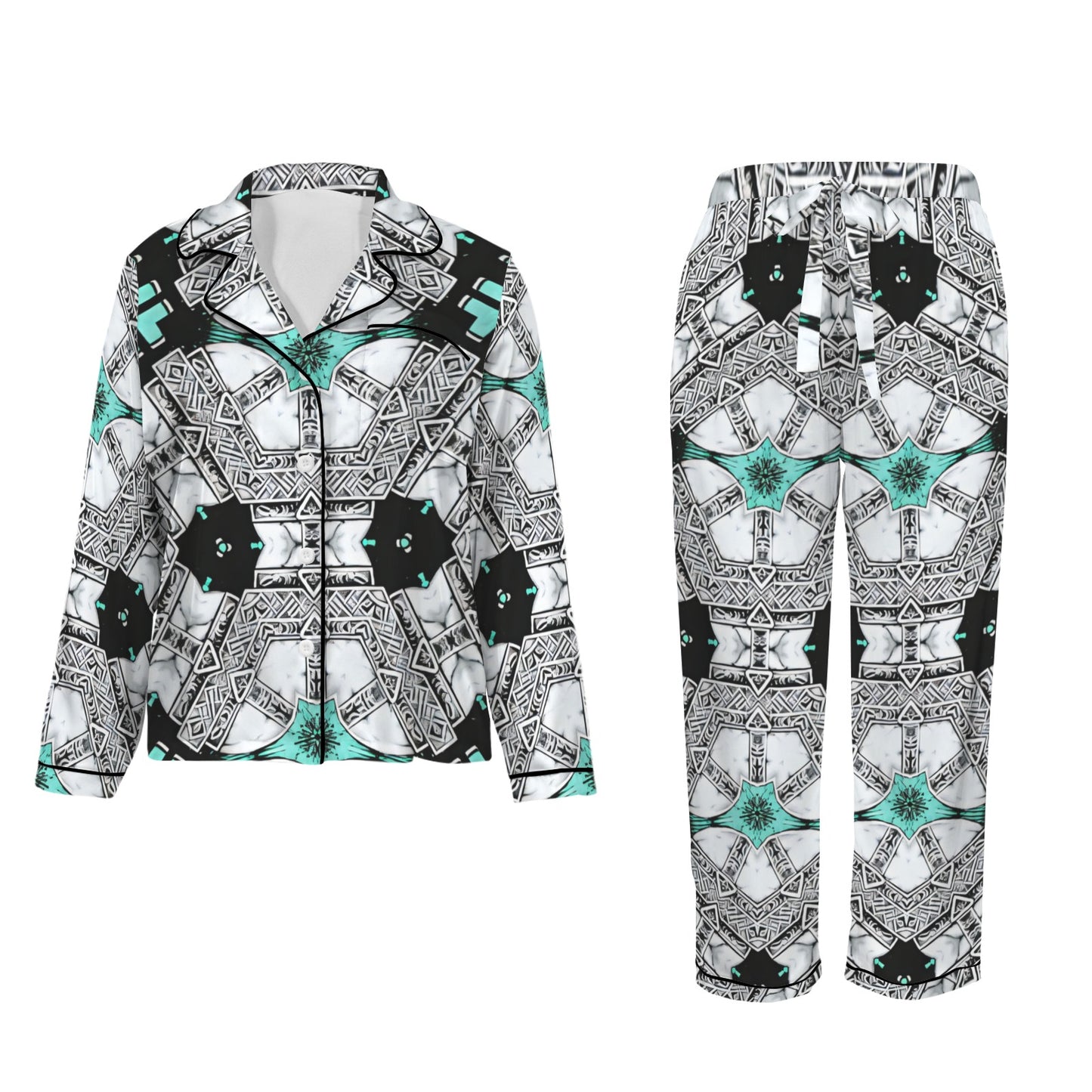 Women's Kaleidoscope Geo Pattern All Over Print Long Sleeve Satin Pajama Set